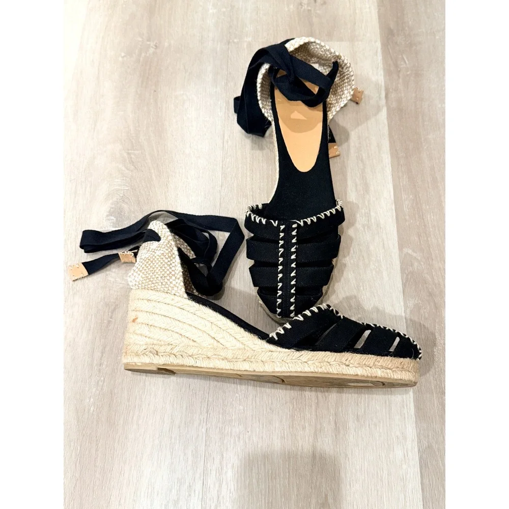 Castañer Cici Espadrille Wedge Sandals US 10 Black Ankle Tie Boho Coastal Resort